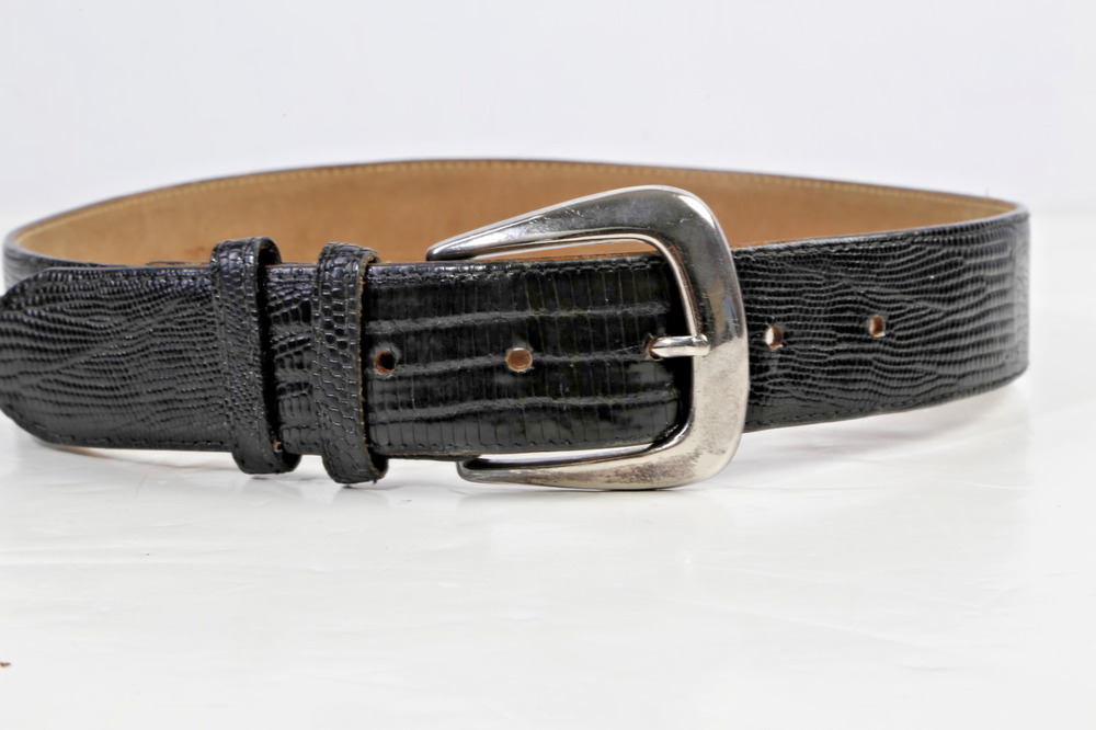 Vintage Black Genuine Lizard Leather Belt Silver Western Buckle Medium Size M